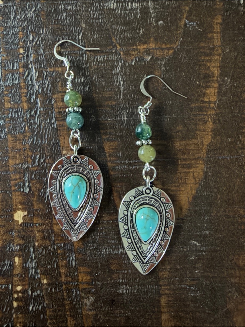 Turquoise Teardrop Dangle Earrings with Green Agate Beads - Silver Tone Handmade